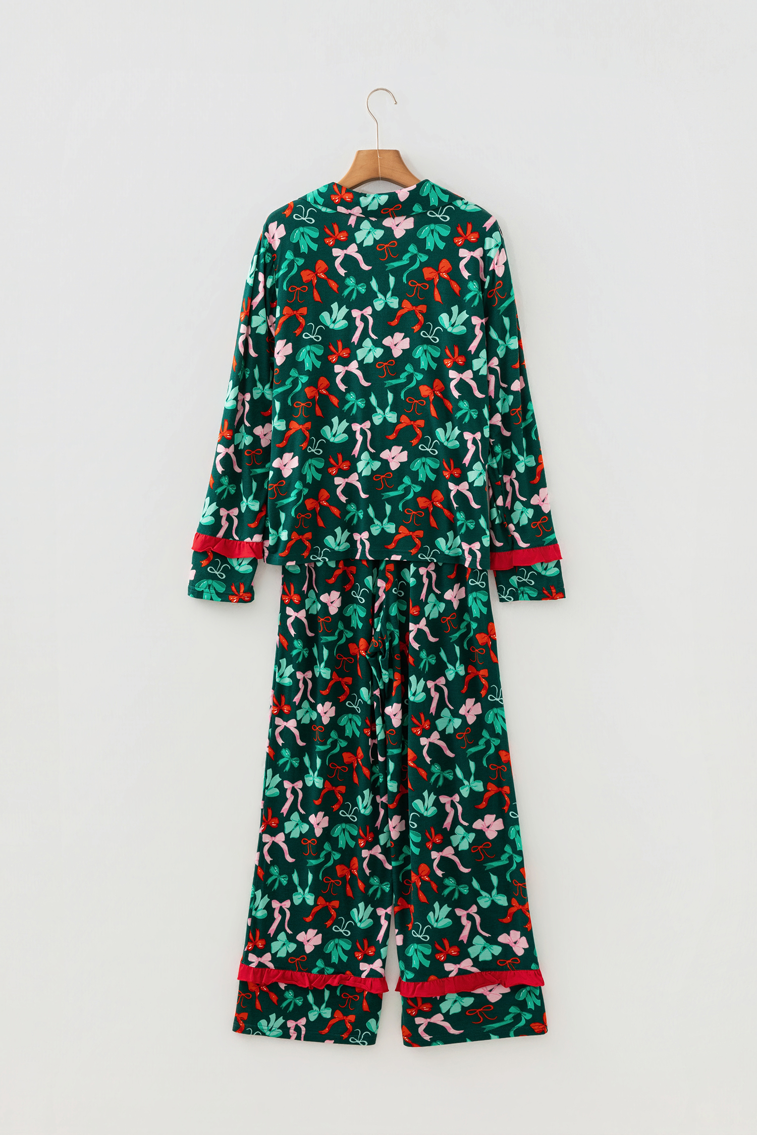 Green Festive Bow Print 2pcs Pajama Pant Set