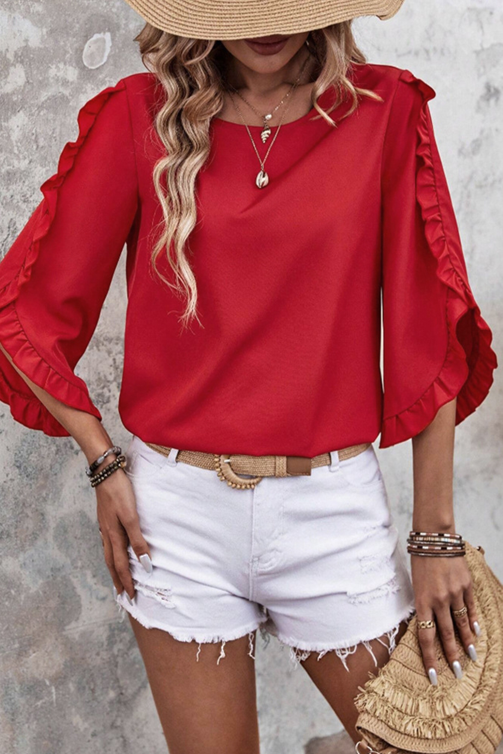 Black Ruffle Trimmed 3/4 Sleeve Round Neck Blouse