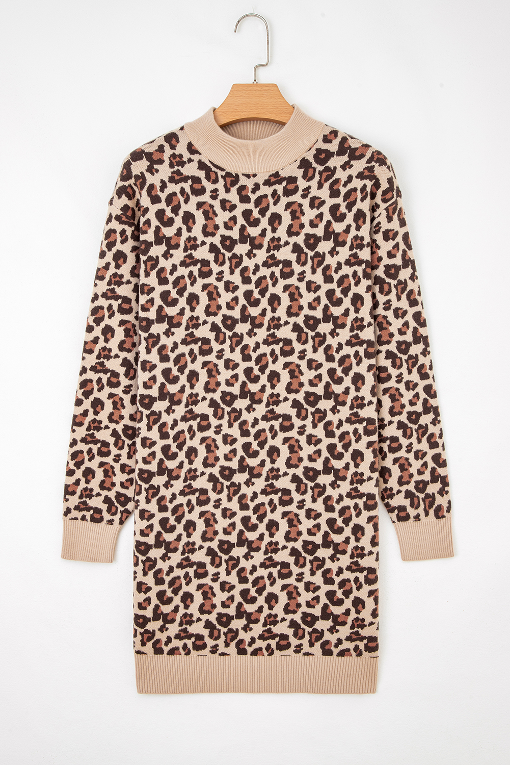 Khaki Leopard Print High Neck Shift Mini Sweater Dress