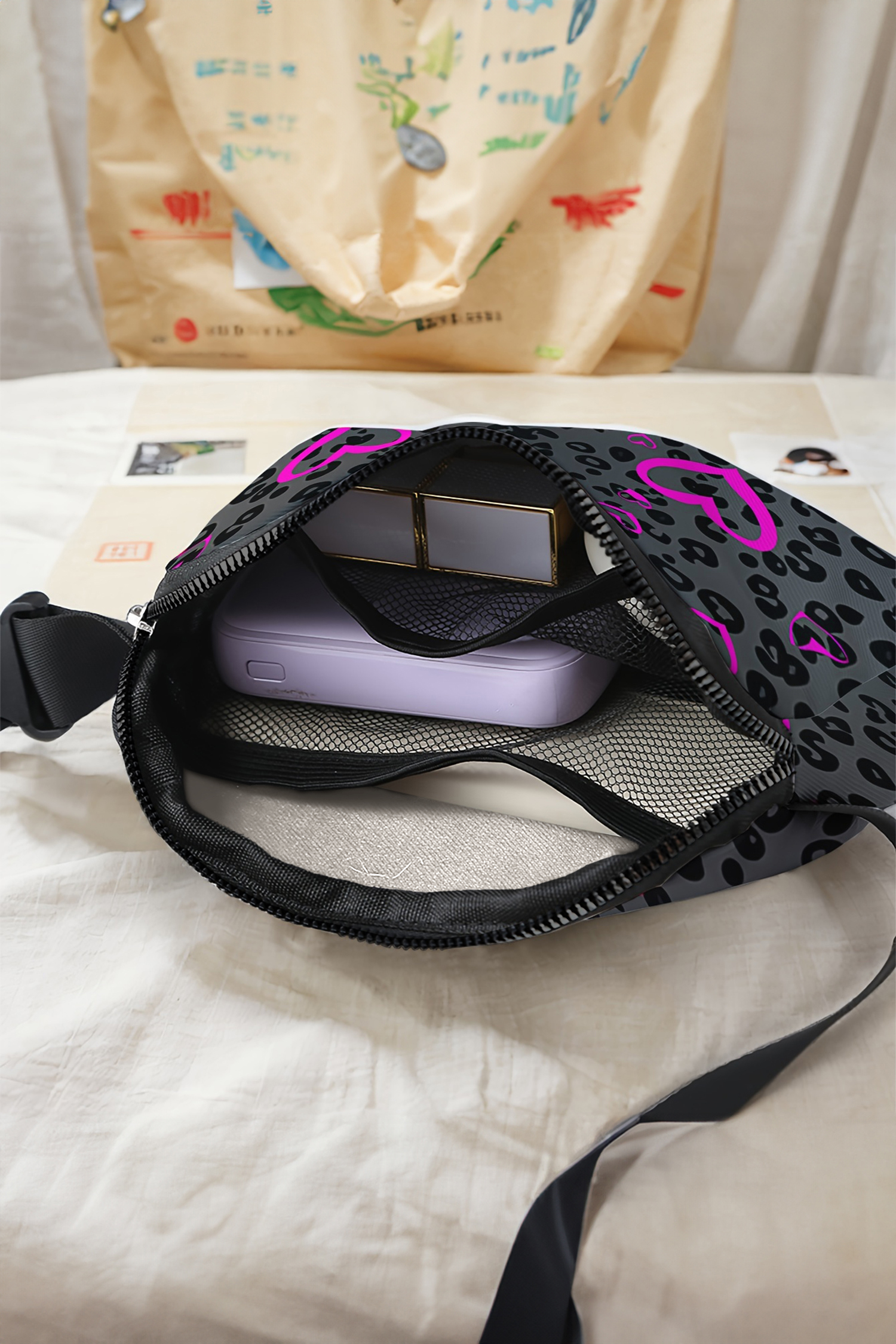 Dark Grey Leopard Heart Printed Canvas Crossbody Bag