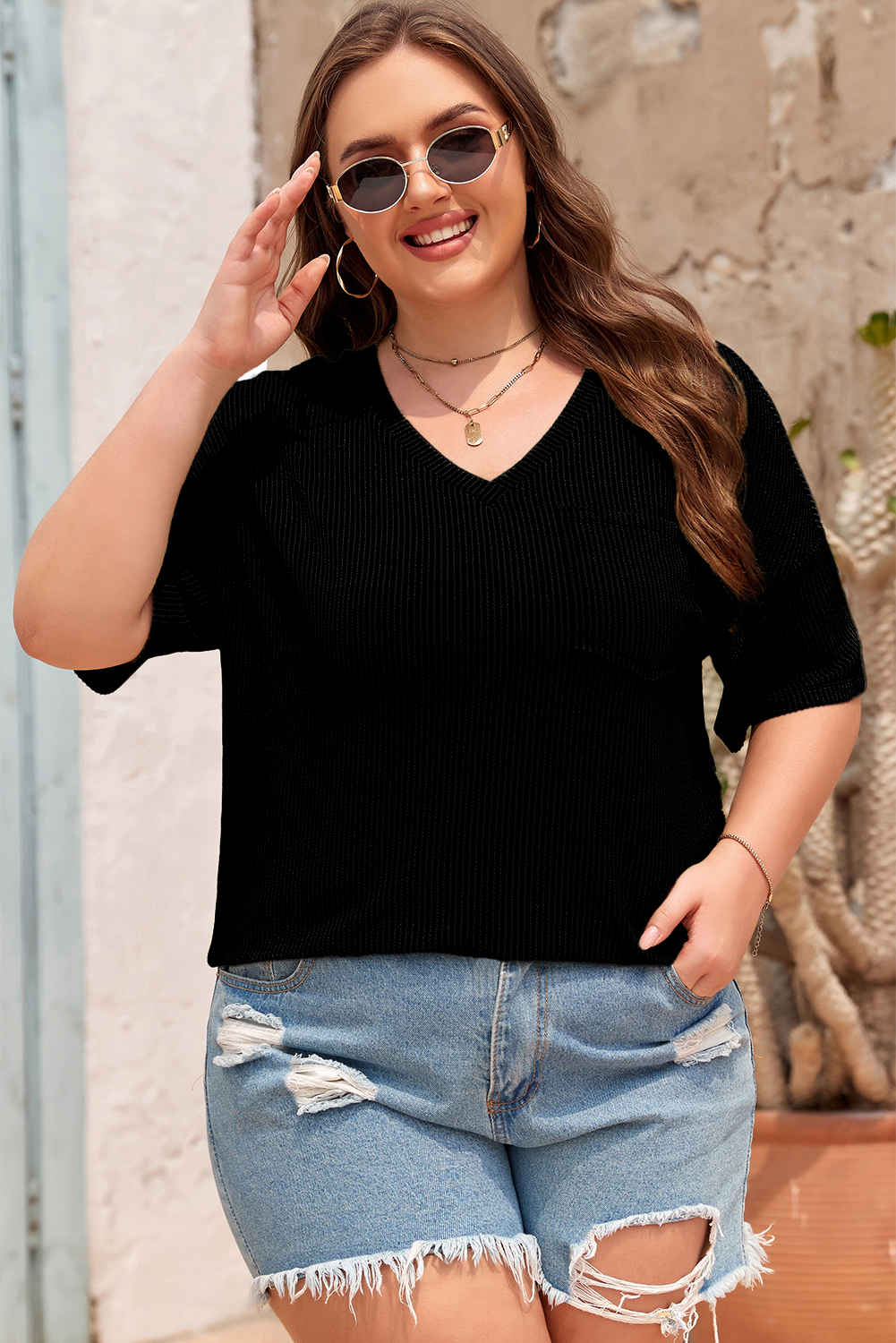 Black Textured V-Neck Dropped Shoulder Plus T-Shirt