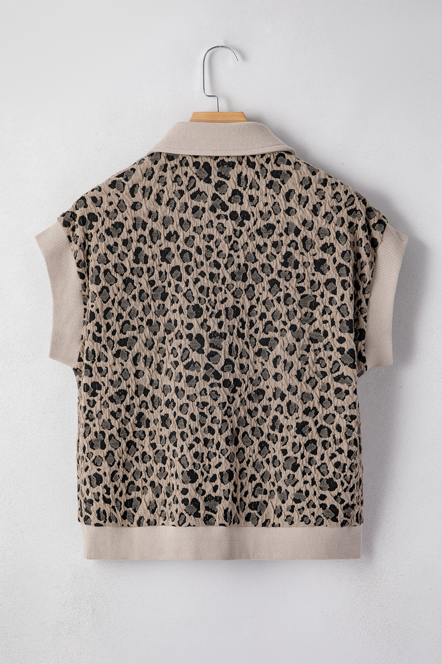Beige Zip up Collared Leopard Cap Sleeve Top