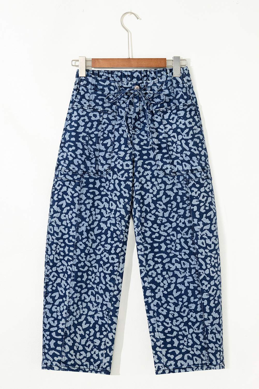 Khaki Leopard Printed Drawstring Elastic Waistband Pocketed Wide Leg Jeans