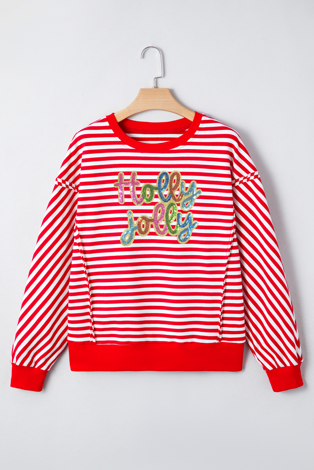 Red Stripe Holly Jolly Sequin Graphic Drop Shoulder Long Sleeve Top