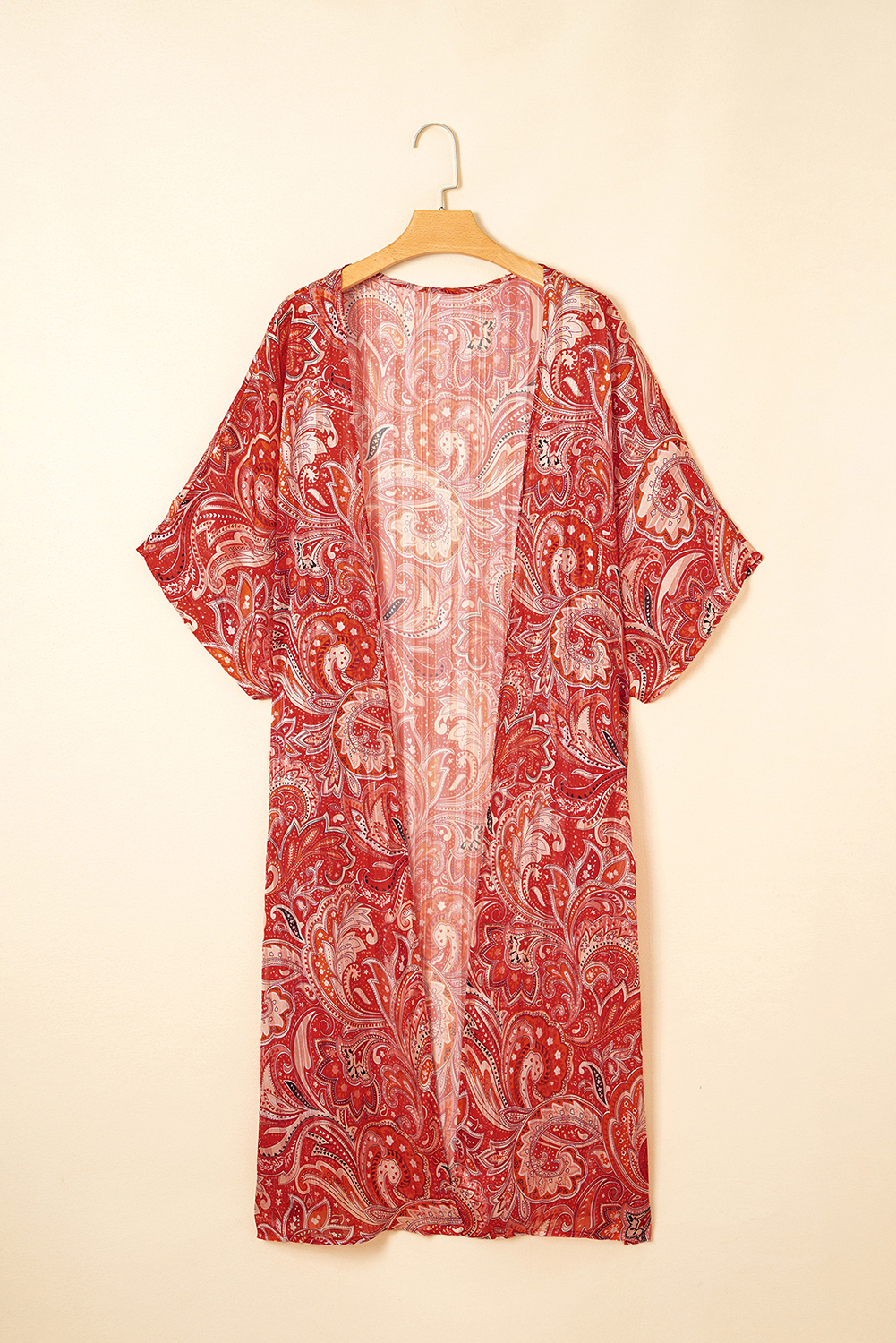 Red Floral Print Side Slit Open Front Long Kimono