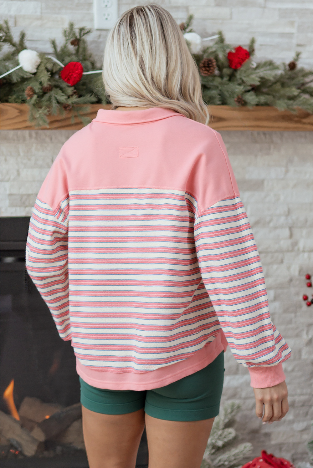 Red Stripe Buttoned V Neck Collared Drop Shoulder Top