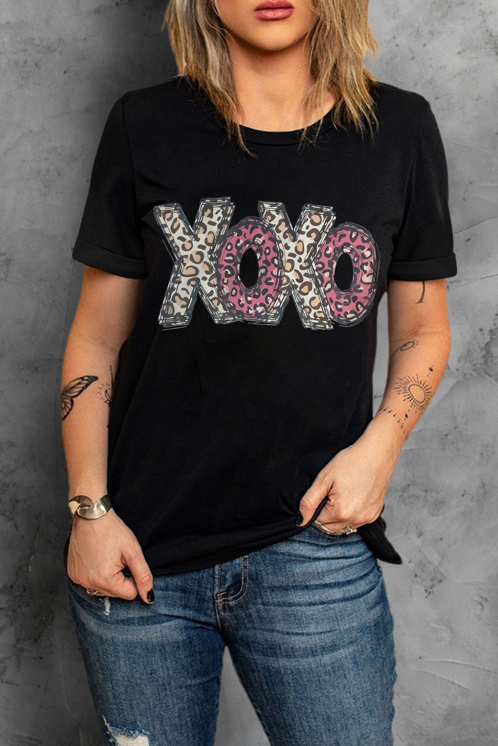 Black Leopard XOXO Print T Shirt