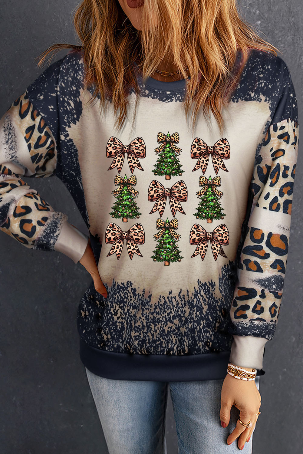 Black Leopard Bow Christmas Tree Printed Tie Dye Bleached Baggy Sweatshirt