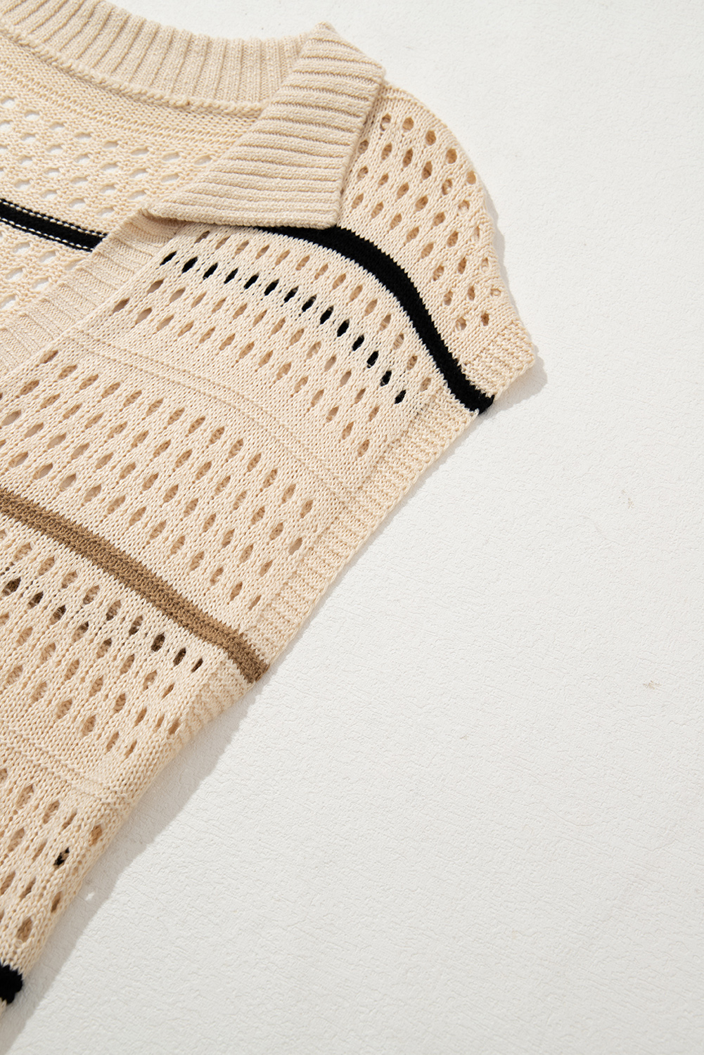 Apricot Beach Eyelet Crochet Knit Striped Detail Polo Tee Dress