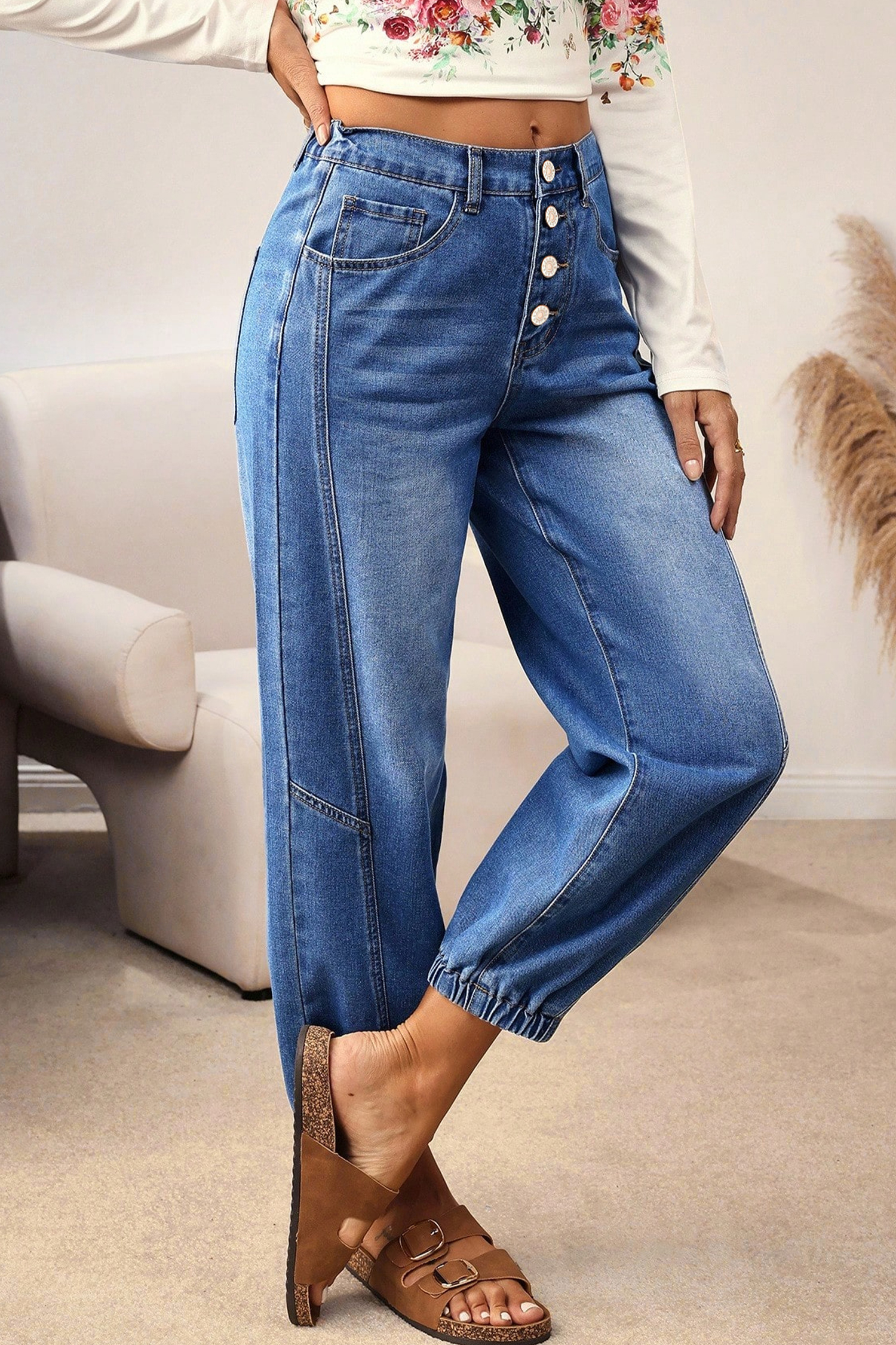 Blue 4 Buttons Front Tapered Casual Loose Fit Jeans