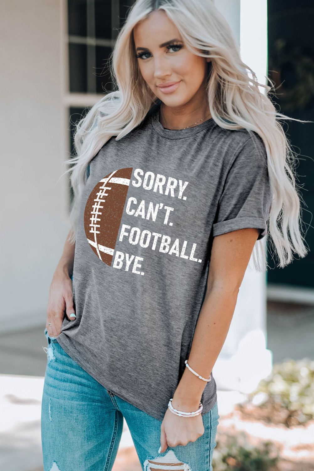 Gray American Rugby Football Graphic Casual T Shirt