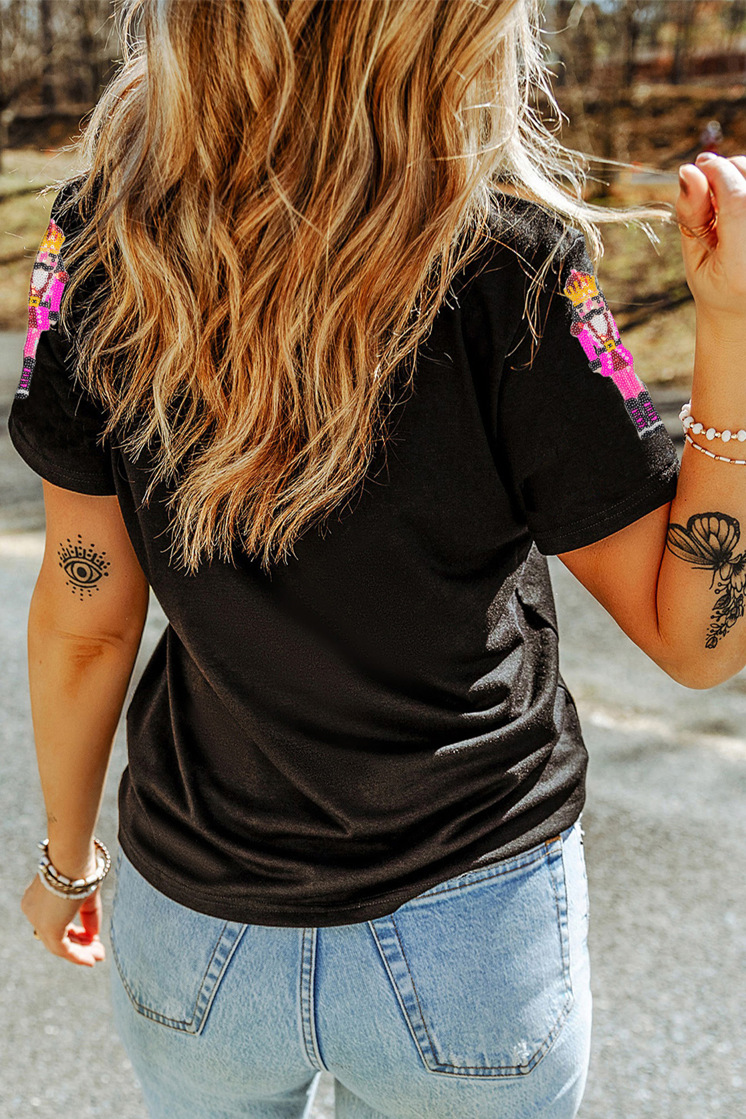 Black Sequin Patched Christmas Nutcracker Casual T Shirt