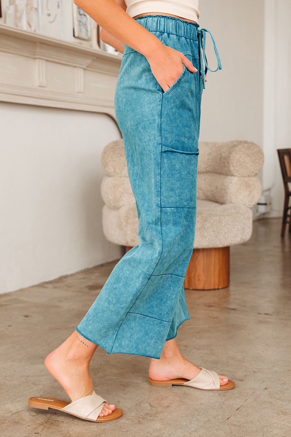 Lapis Mineral Wash Lace-up High Waist Raw Hem Patched Pocket Pants