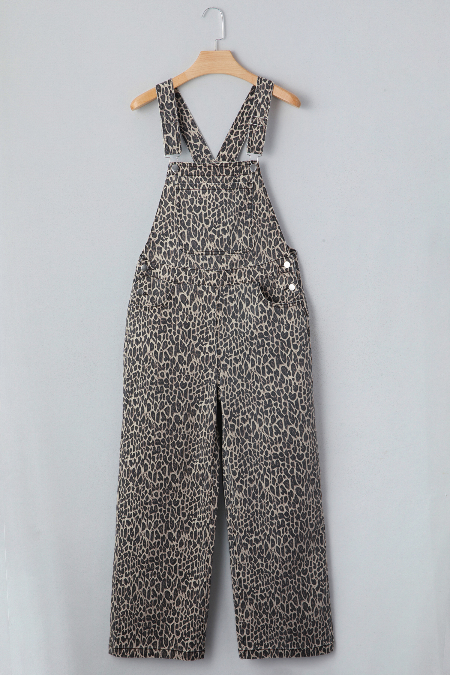Brown  Leopard Print Straight Leg Loose Denim Overall Jumpsuit