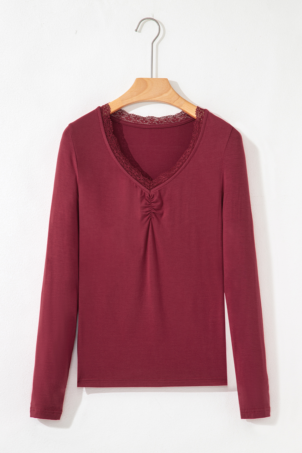 Red Dahlia Lace-trimmed Sweetheart Neckline Ruched Detail Long Sleeve T-shirt