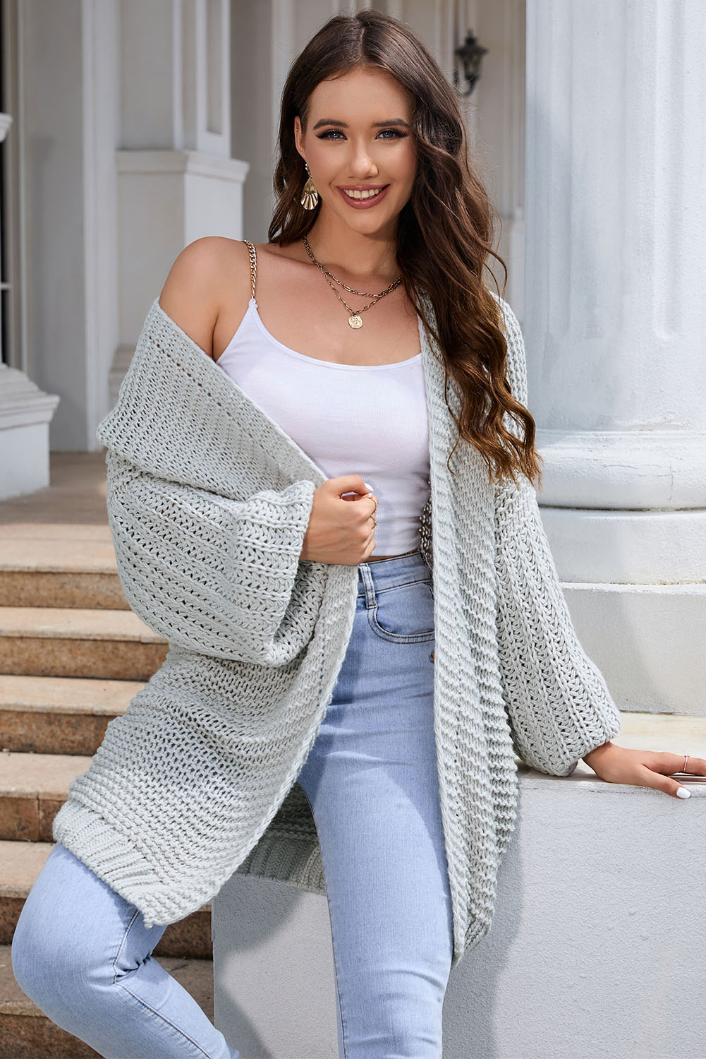 Gray Chunky Oversize Knit Drop Shoulder Puff Sleeve Cardigan