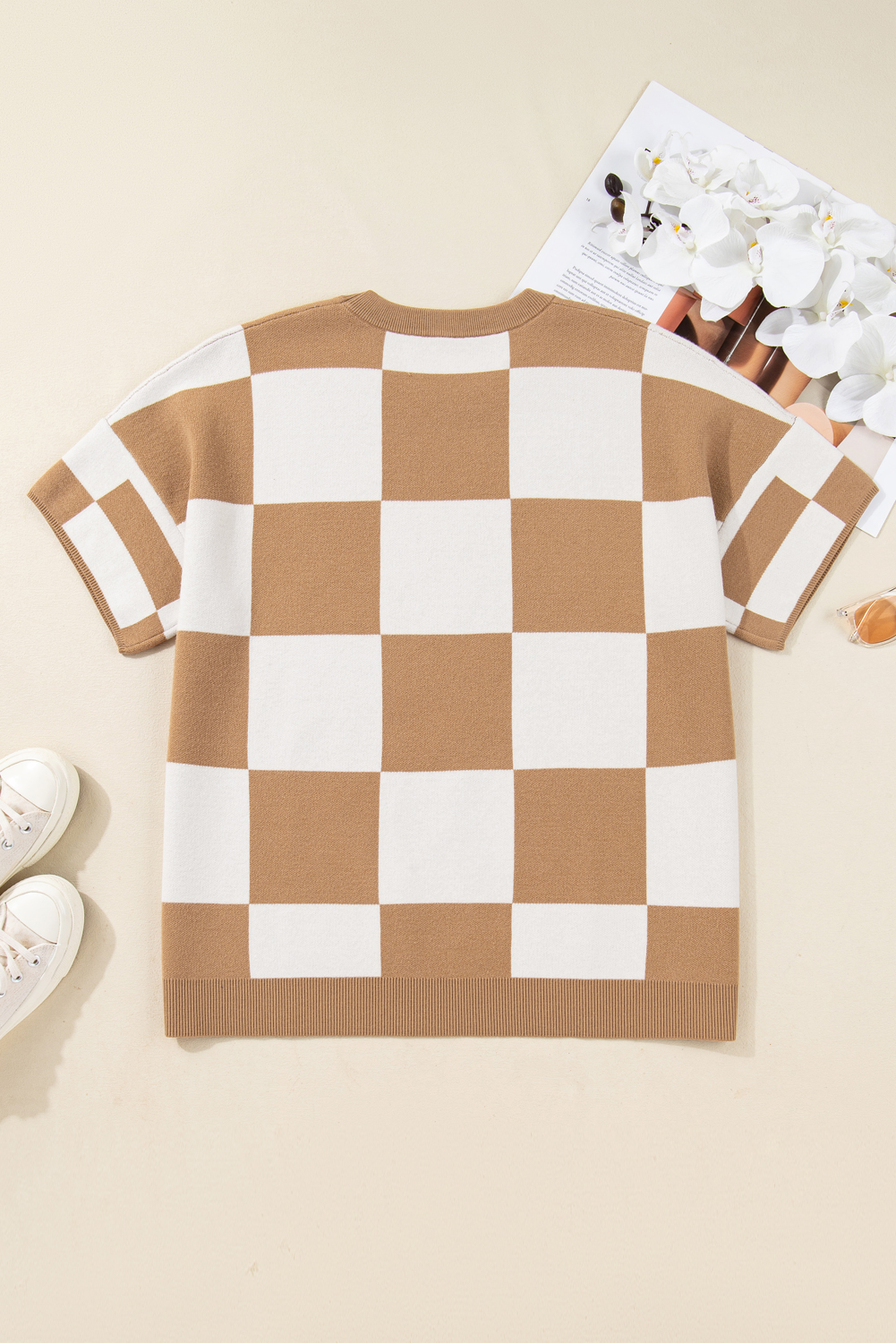 Black Checkered Pattern Loose Drop Shoulder Half Sleeve Sweater
