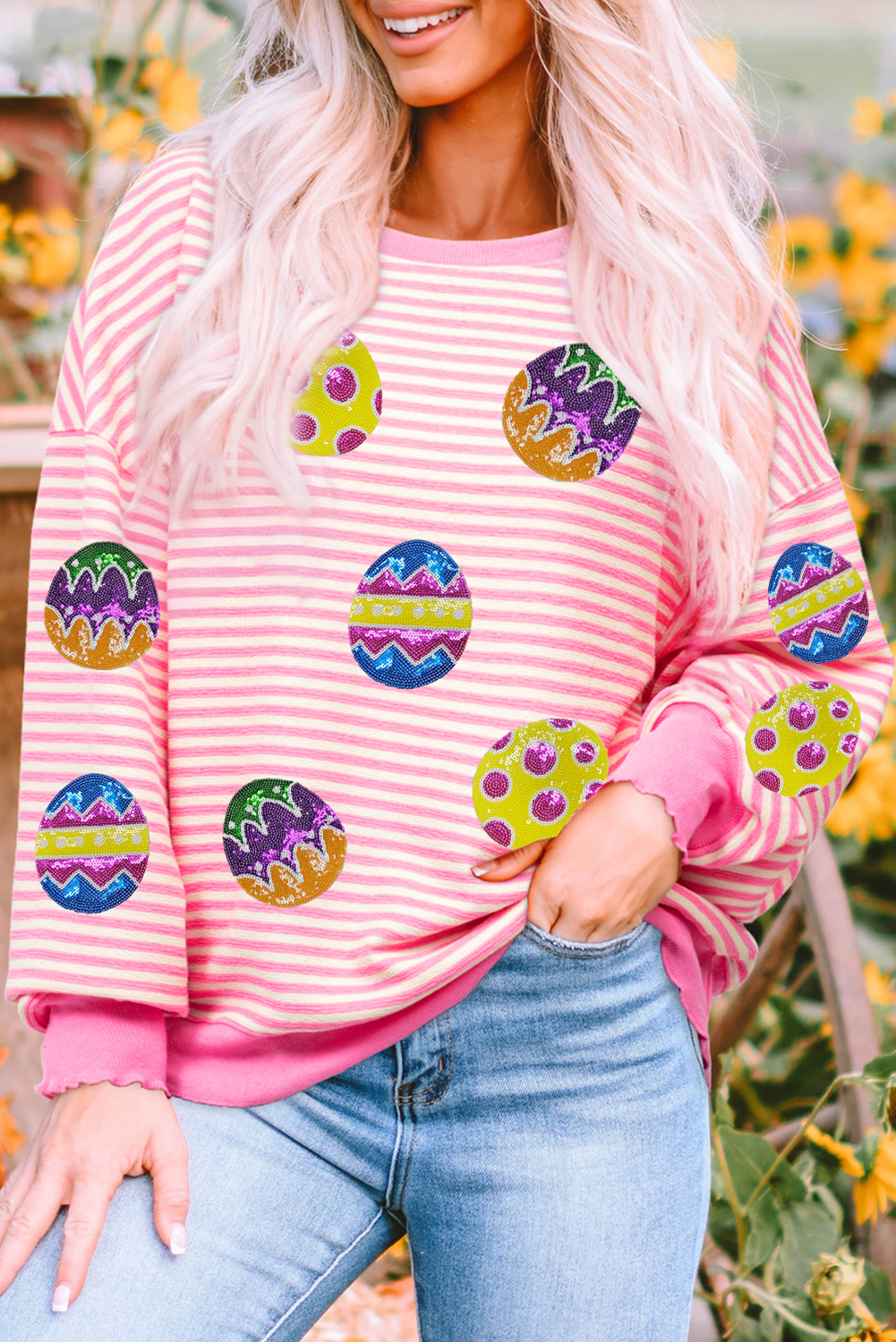 Pink Stripe Easter Egg Patched Graphic Drop Shoulder Long Sleeve Top