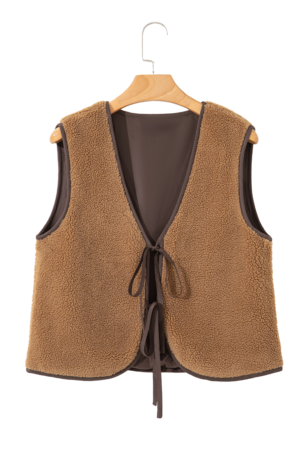 Light French Beige Contrast Trim Tie Front Sherpa Vest