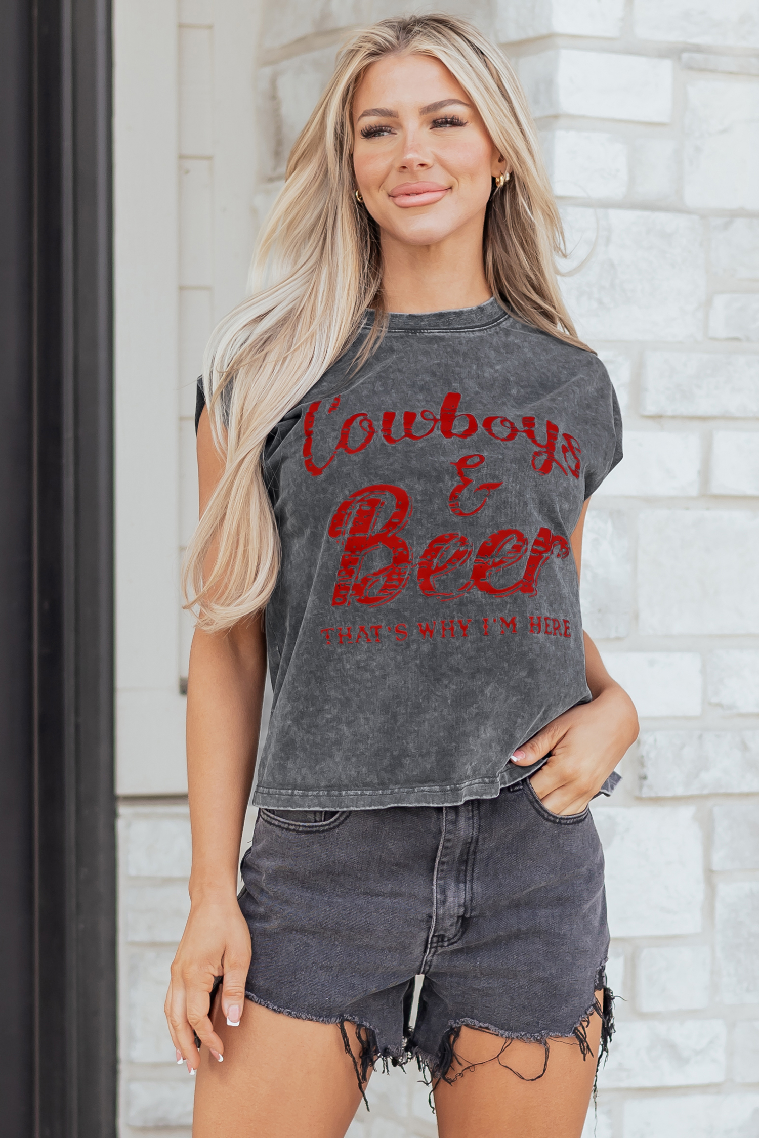 Smoke Gray Cowboy & Beer Western Graphic Mineral Wash Tank Top