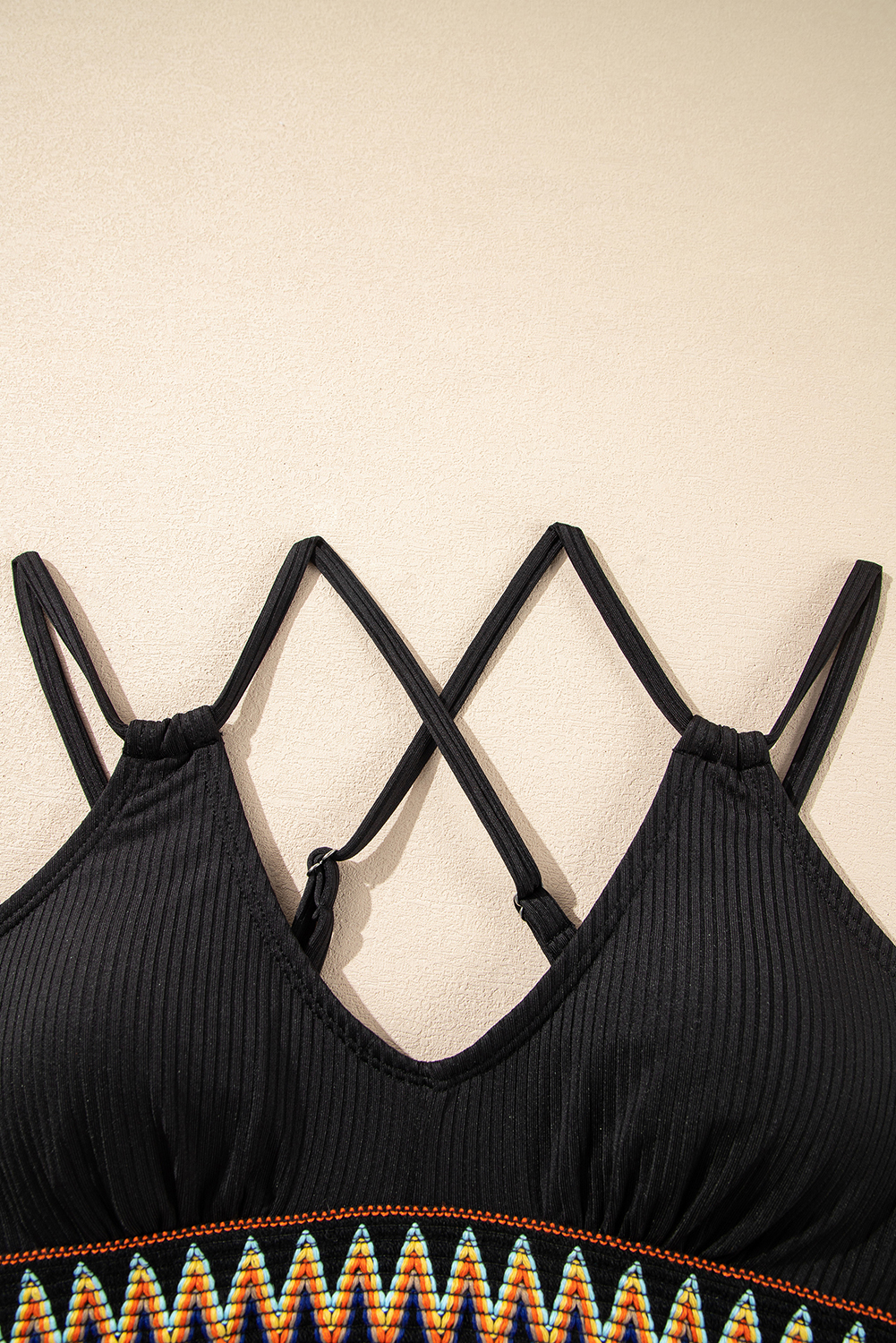 Sky Blue Ribbed Knit Tribal Contrast Detail 2pcs High Waist Swimsuit