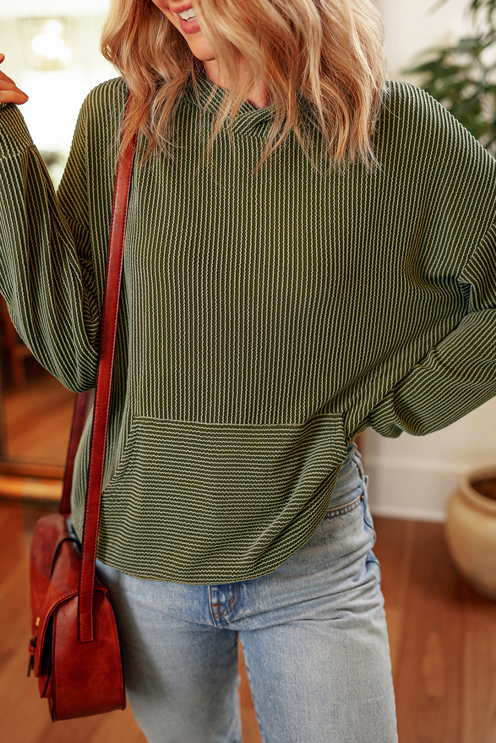 Smoke Gray Twisted Rib Texture Solid Hoodie