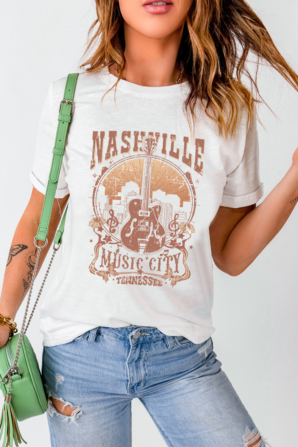 Black Country Music Crazy Print Crew Neck T Shirt