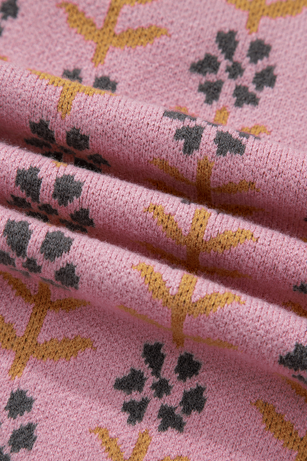 Pink Floral Button Down Ribbed Banded Cardigan Sweater