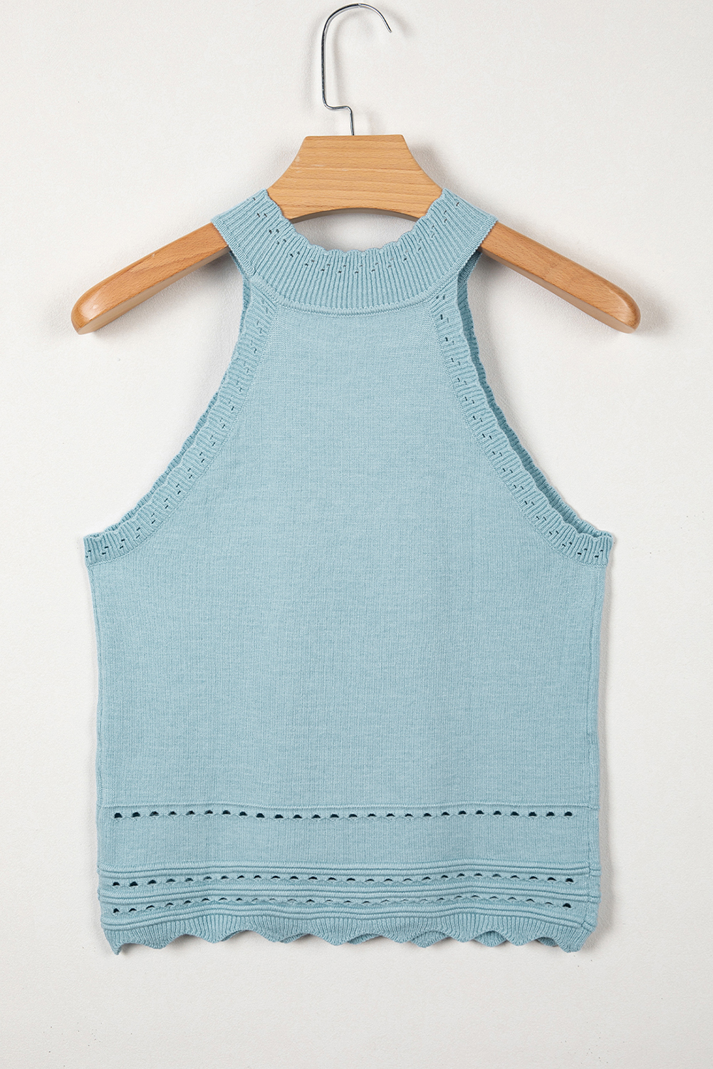 Sky Blue White Cut-out Scalloped Hem Skinny Tank Top