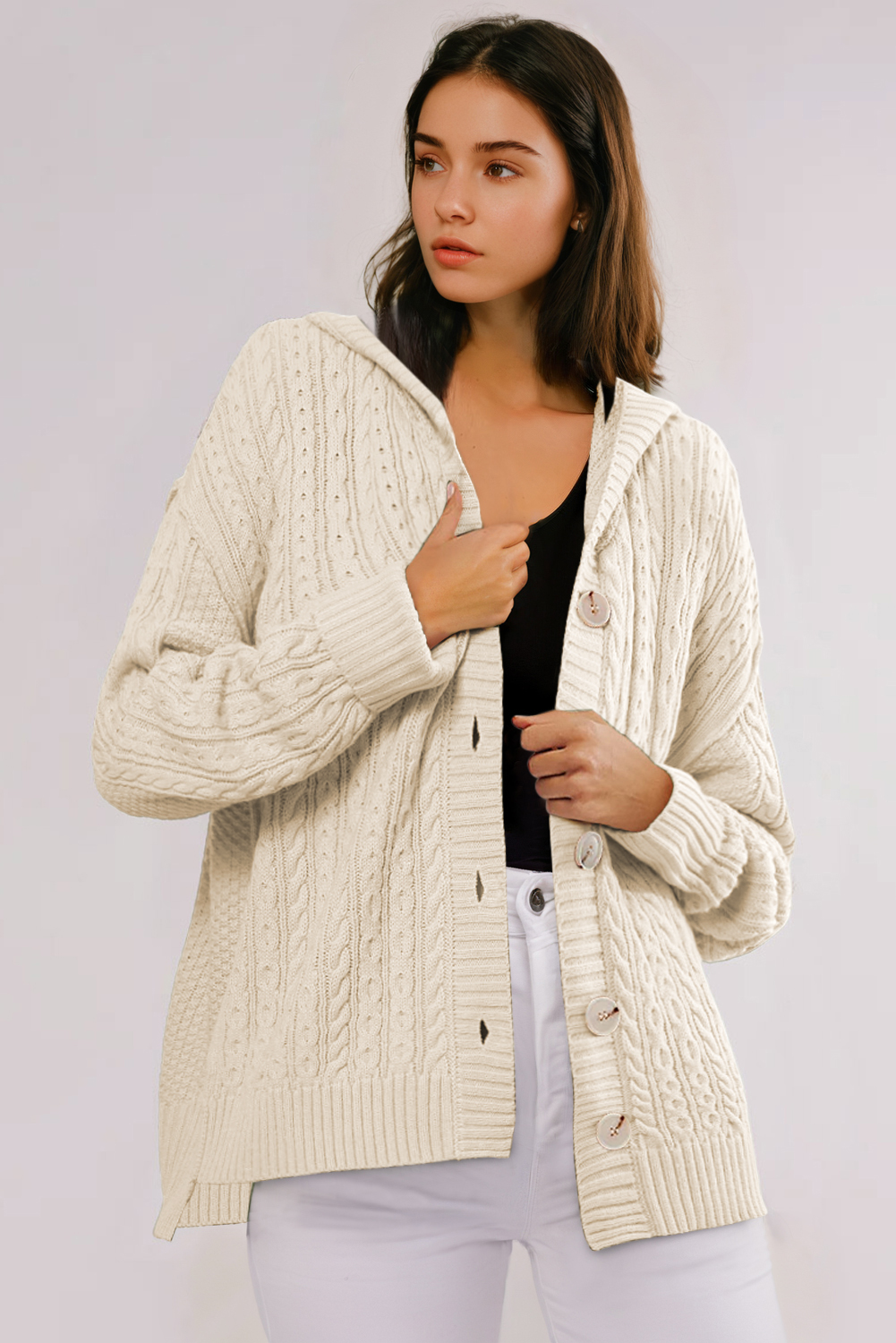 White Cable Knit Texture Uneven Hem Hooded Chic Cardigan
