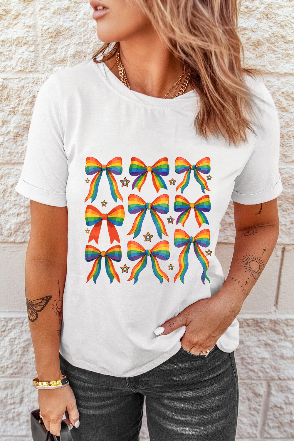 White Pride Bow Starry Print Cotton Blend T Shirt
