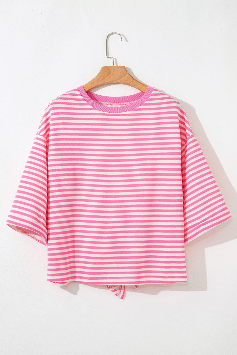 Red Stripe Bowknot Cutout Back Drop Shoulder Wide Bracelet Sleeve Loose Tee