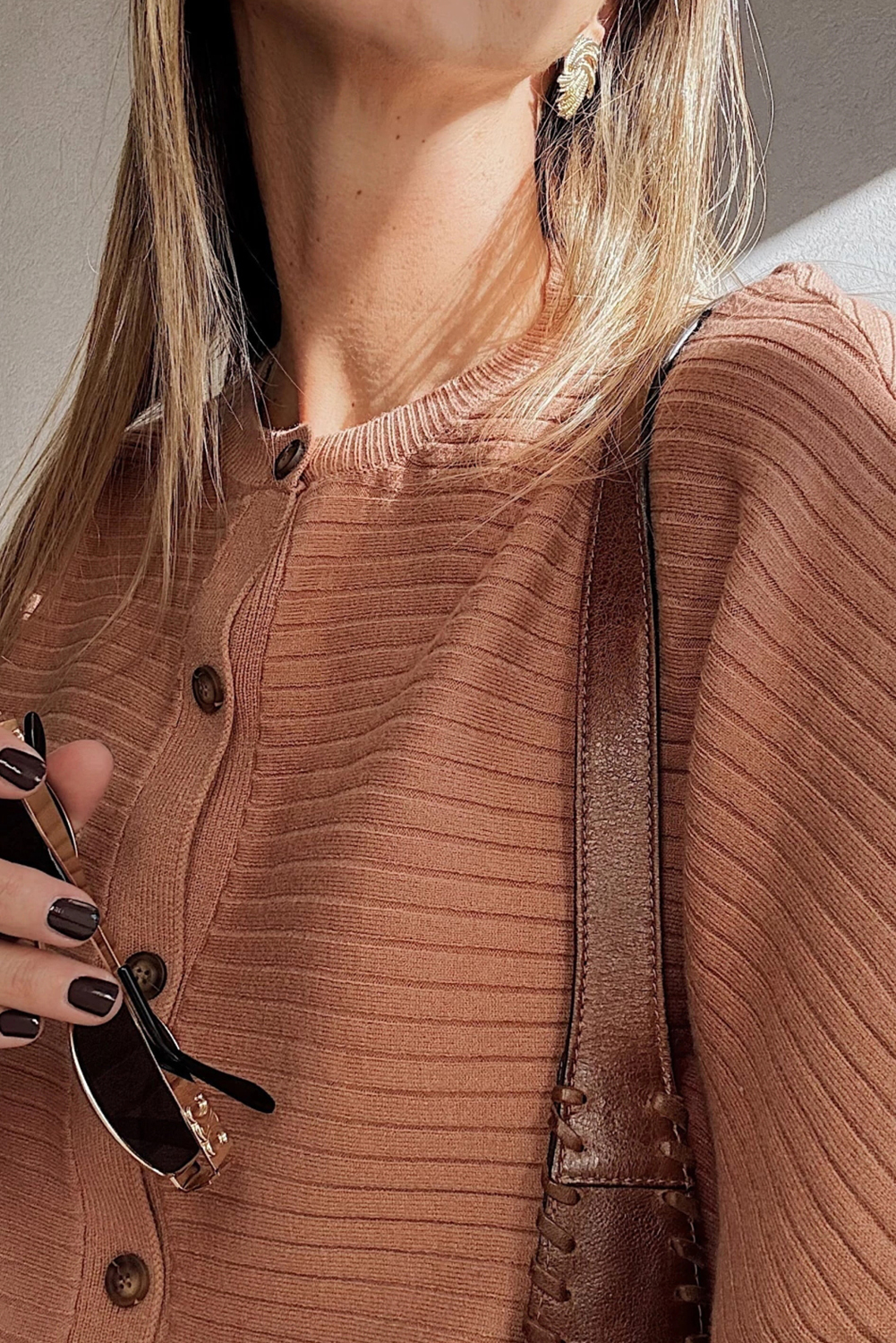 Apricot Pink Wide Rib Knit Button Front Dolman Sleeve Sweater Cardigan