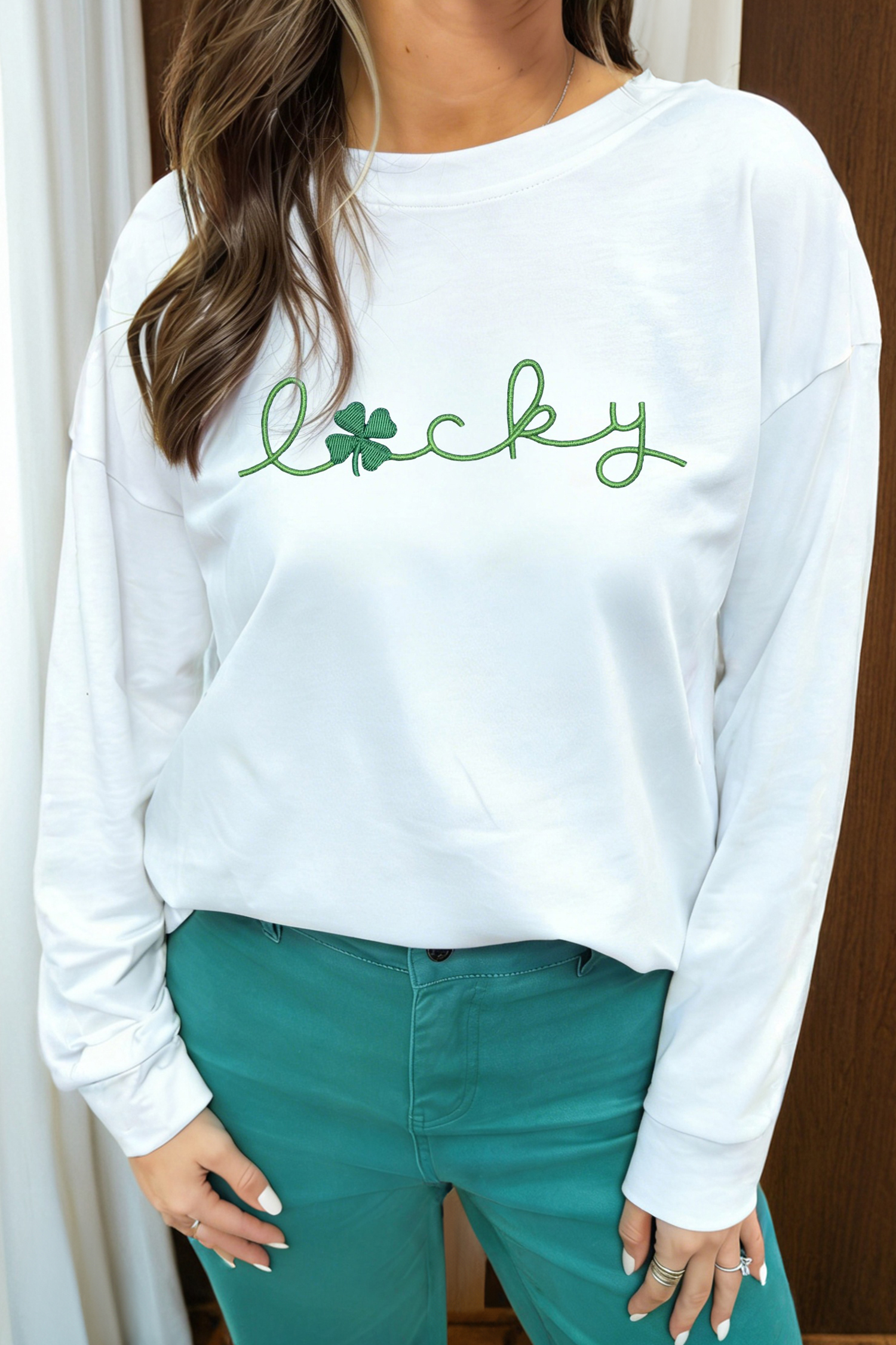 White LUCKY Clover Embroidered Long Sleeve Top