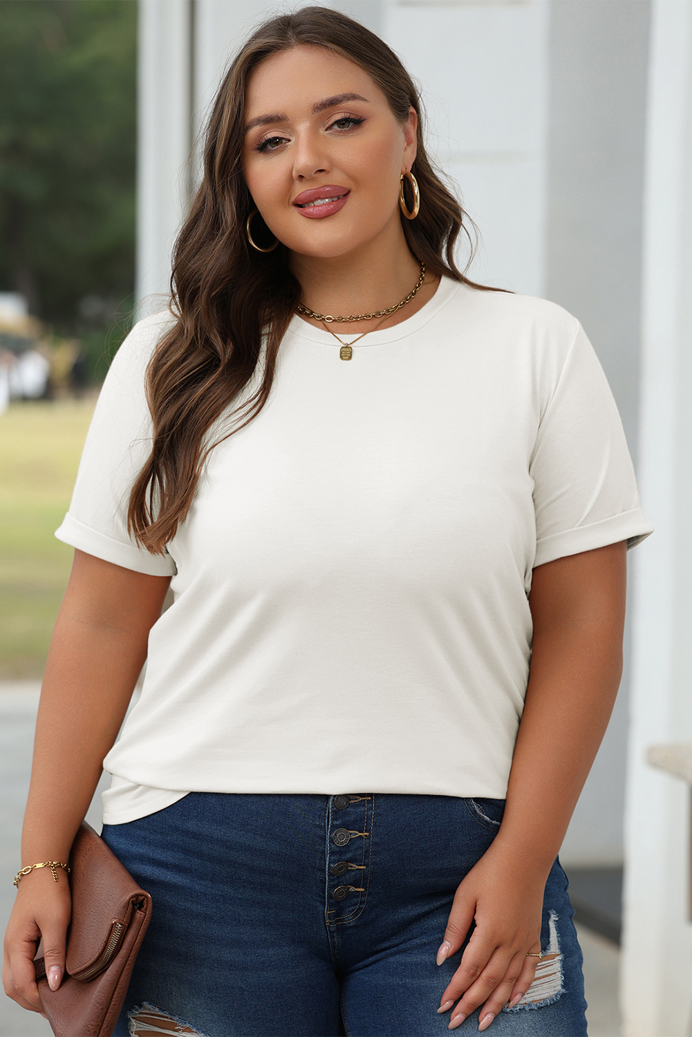 Khaki Casual Plain Crew Neck Tee