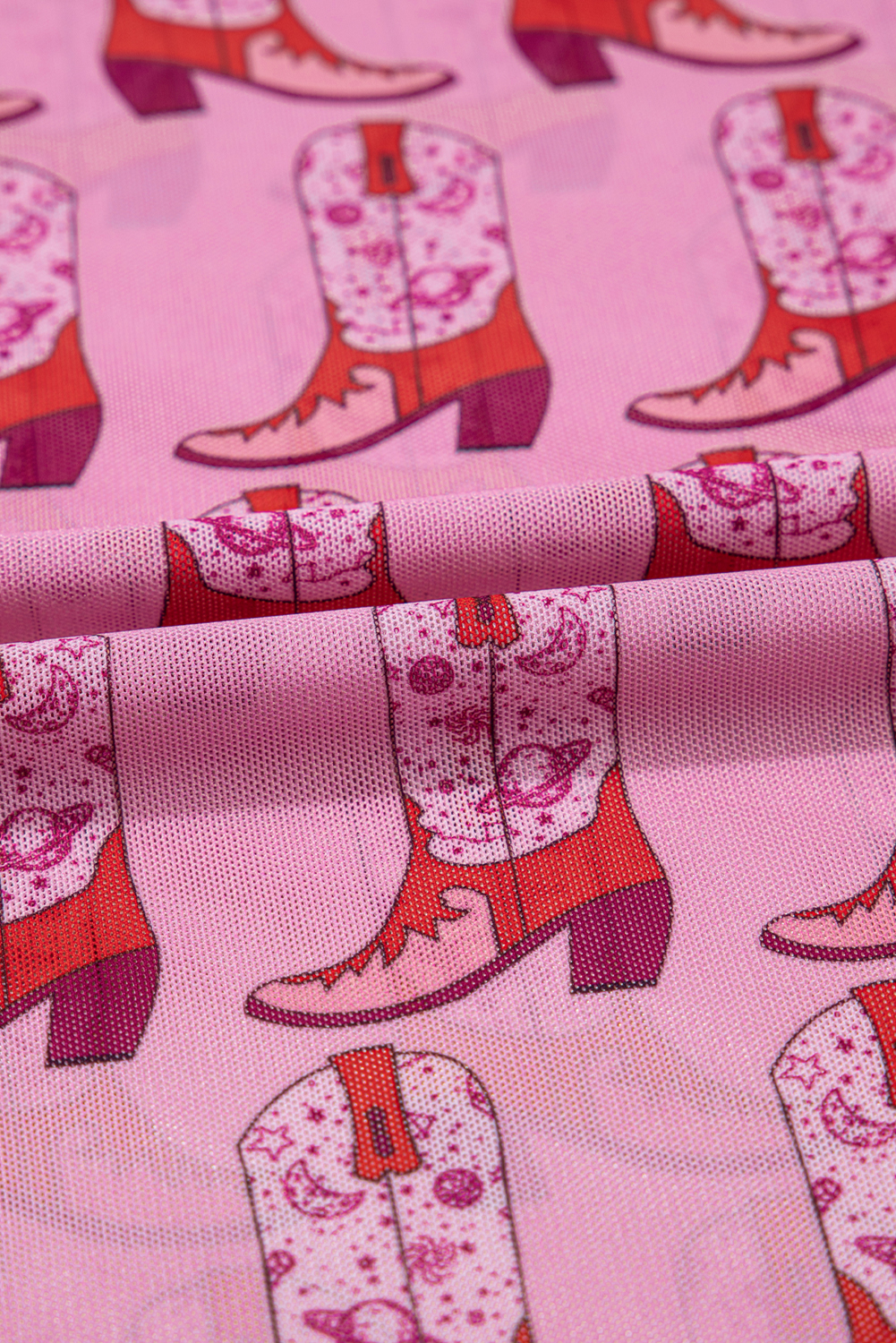 Pink Cowgirl Boots Printed Mock Neck Long Sleeve Mesh Top