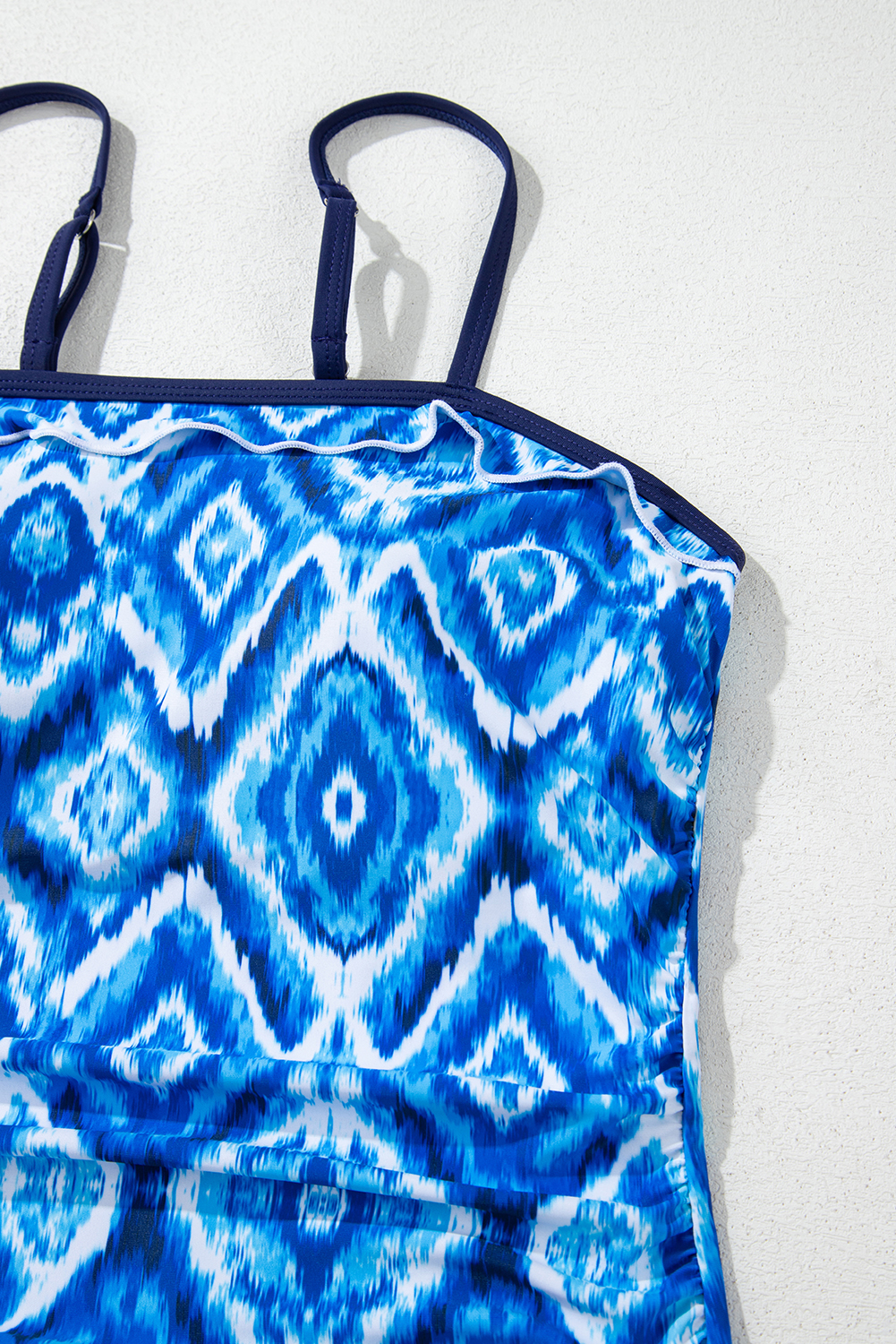 Navy Blue Abstract Print Frilled Trim Spaghetti Straps Tankini Set