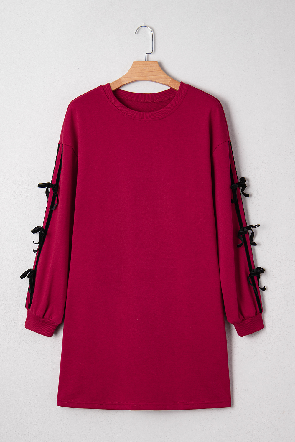 Racing Red Contrast Striped Bow Detail Drop Shoulder Sweatshirt Dress with Pockets