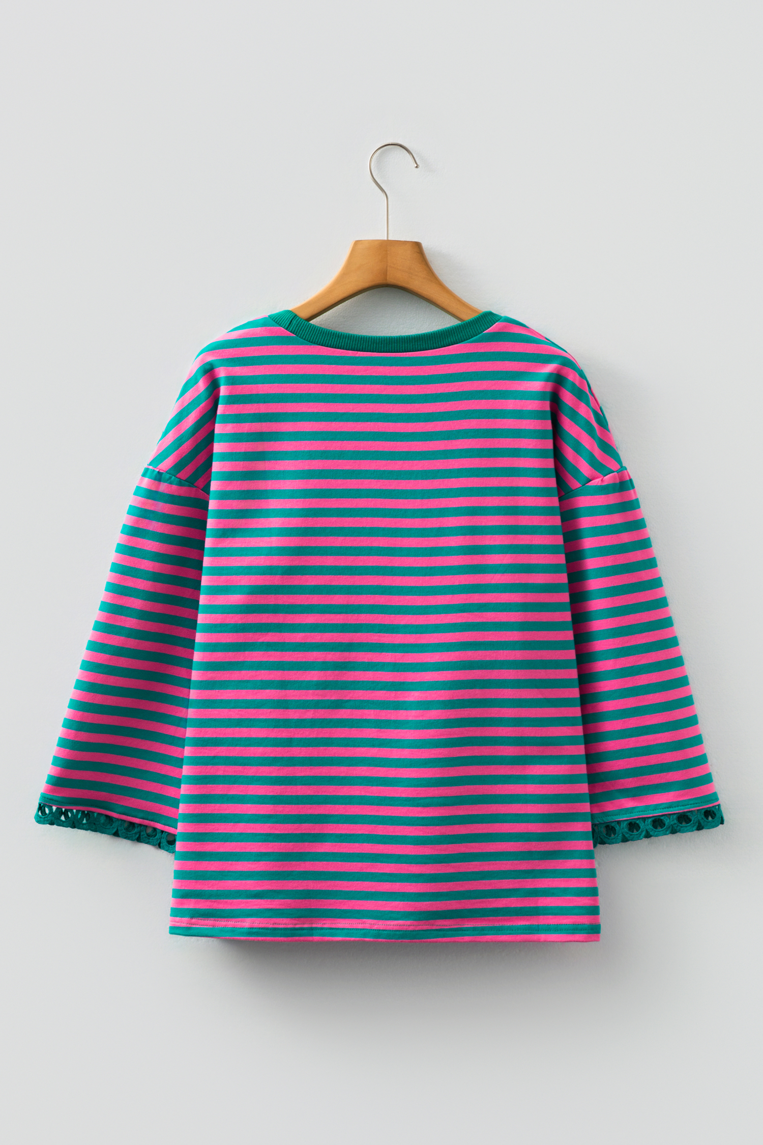 Racing Red Striped Print Drop Shoulder Lace Trim Bracelet Sleeve Loose Top