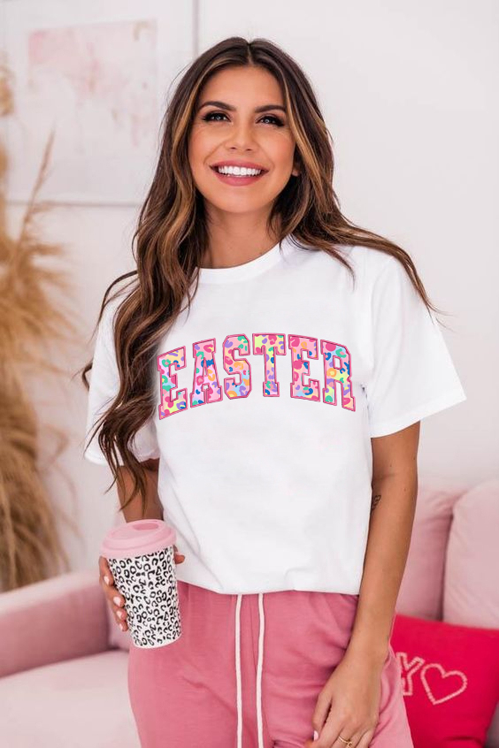 White Cheerful Leopard EASTER Letter Graphic Tee