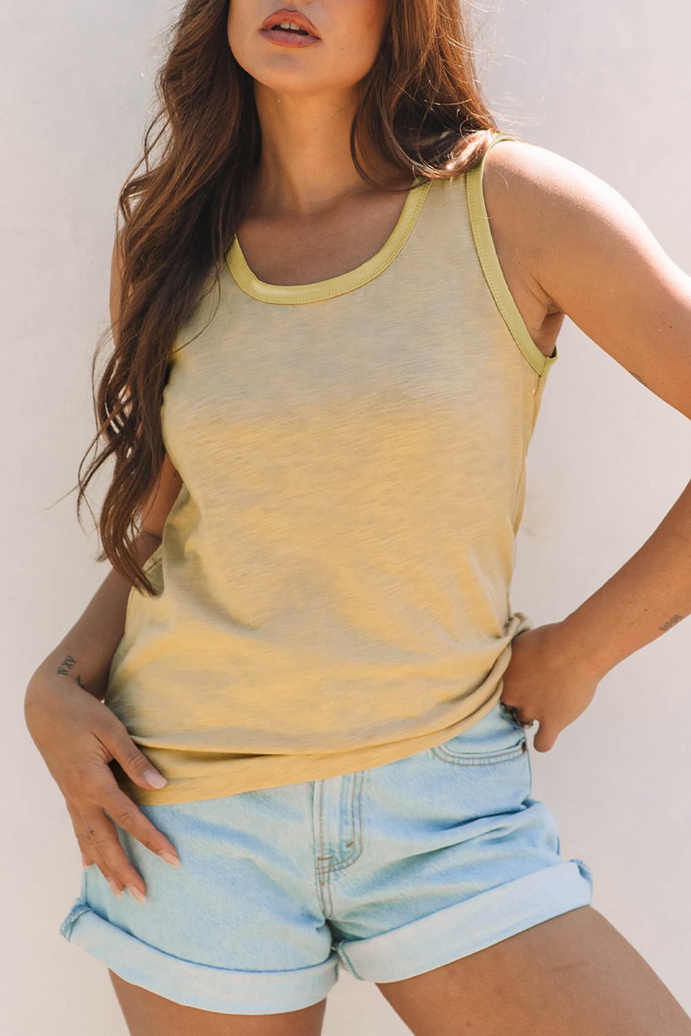 Tan Metallic Sheen Edge Scoop Neck Tank Top