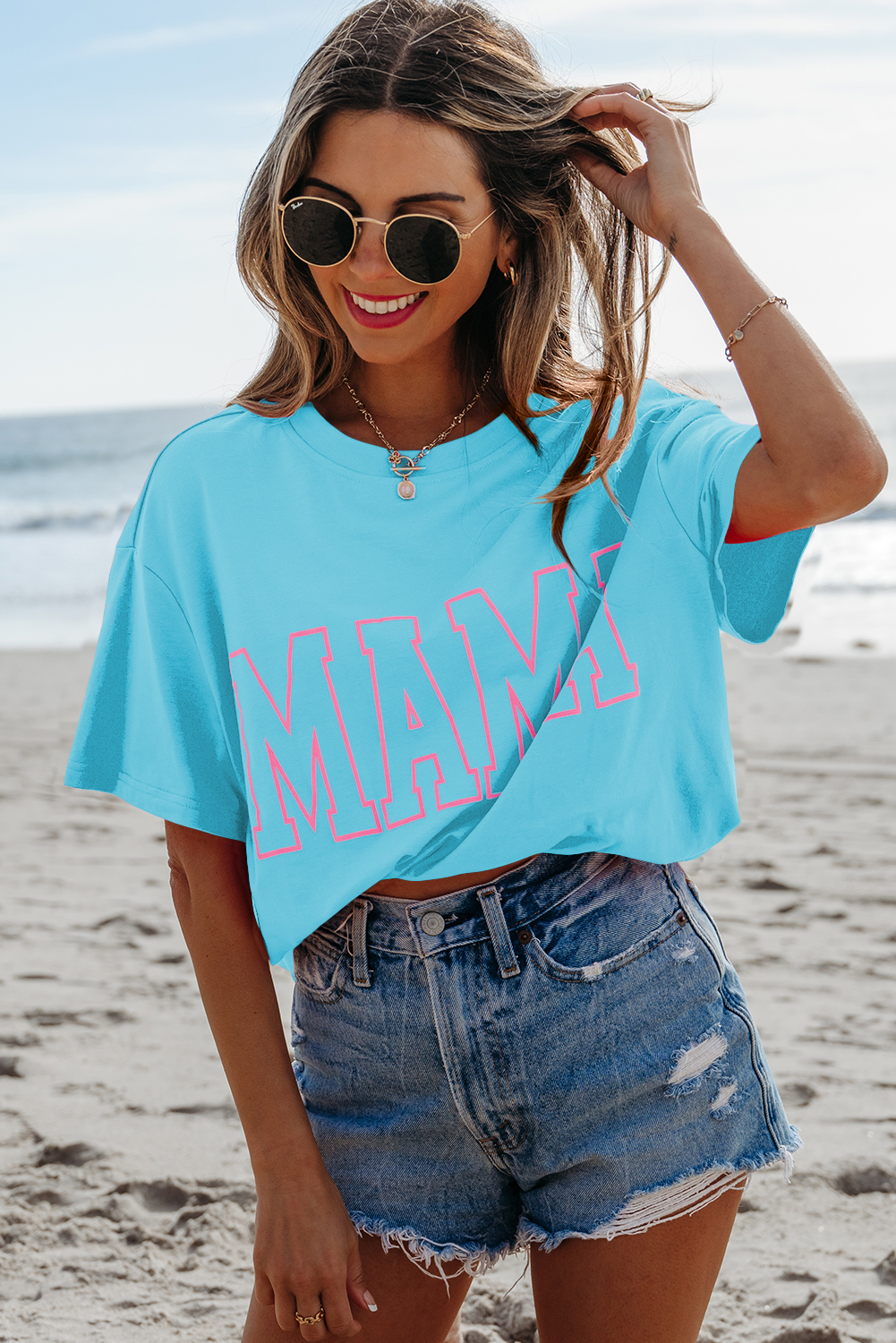 Black MAMA Letter Graphic Neon T Shirt