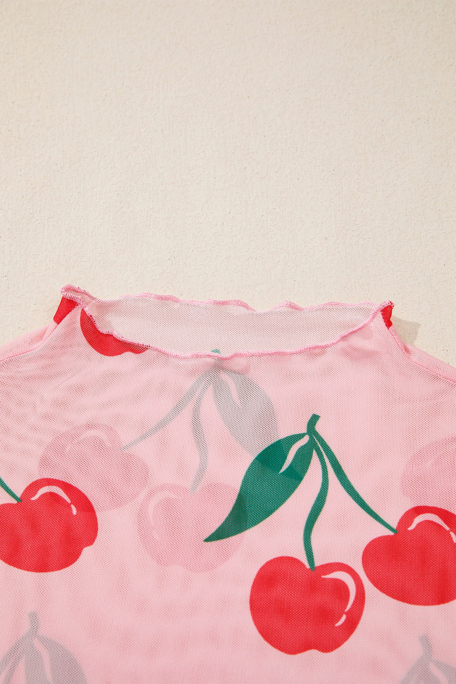 Pink Cherry Print Lettuce Trim Long Sleeve Mesh Top