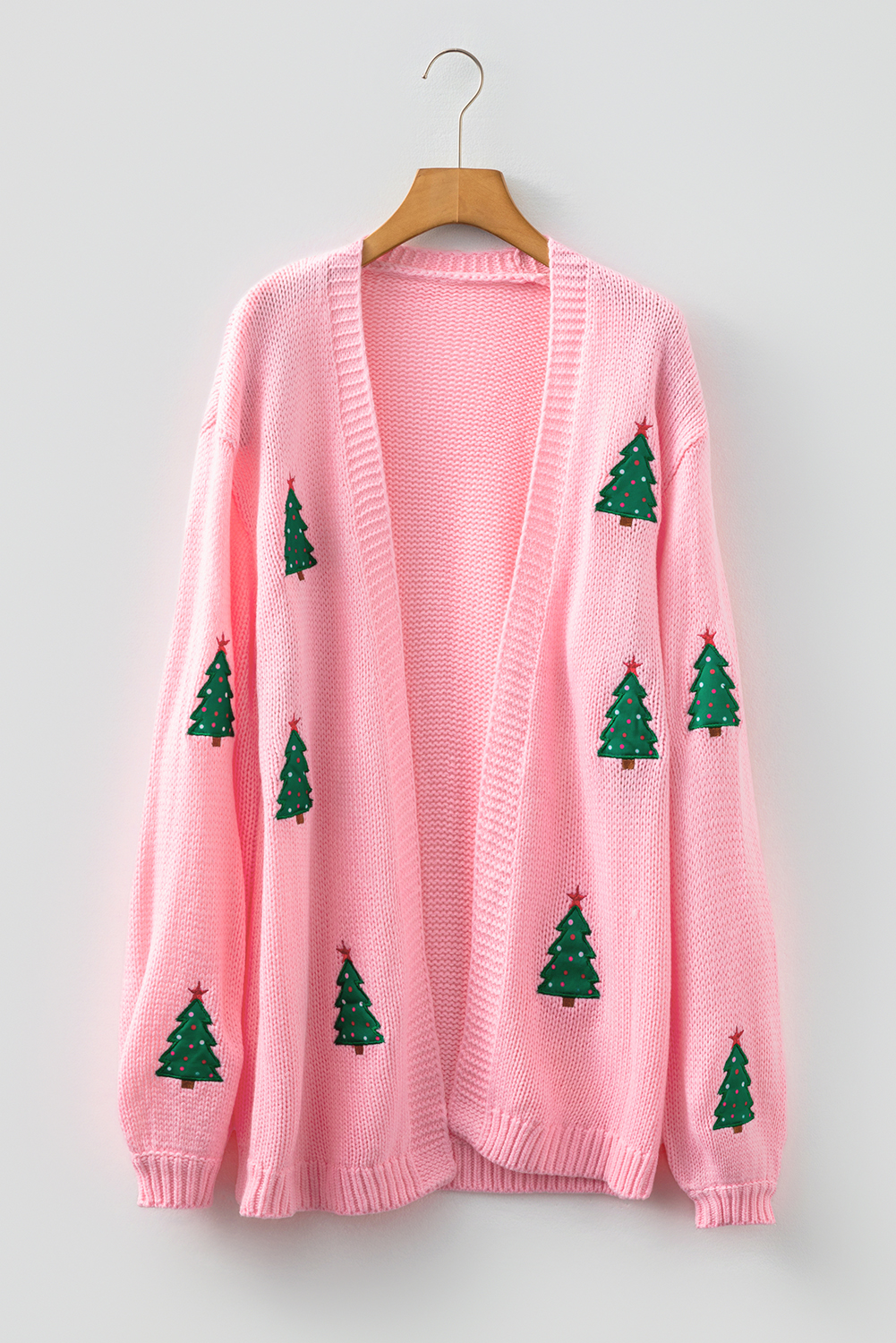 Light Pink Christmas Tree Print Open Front Drop Shoulder Midi Cardigan