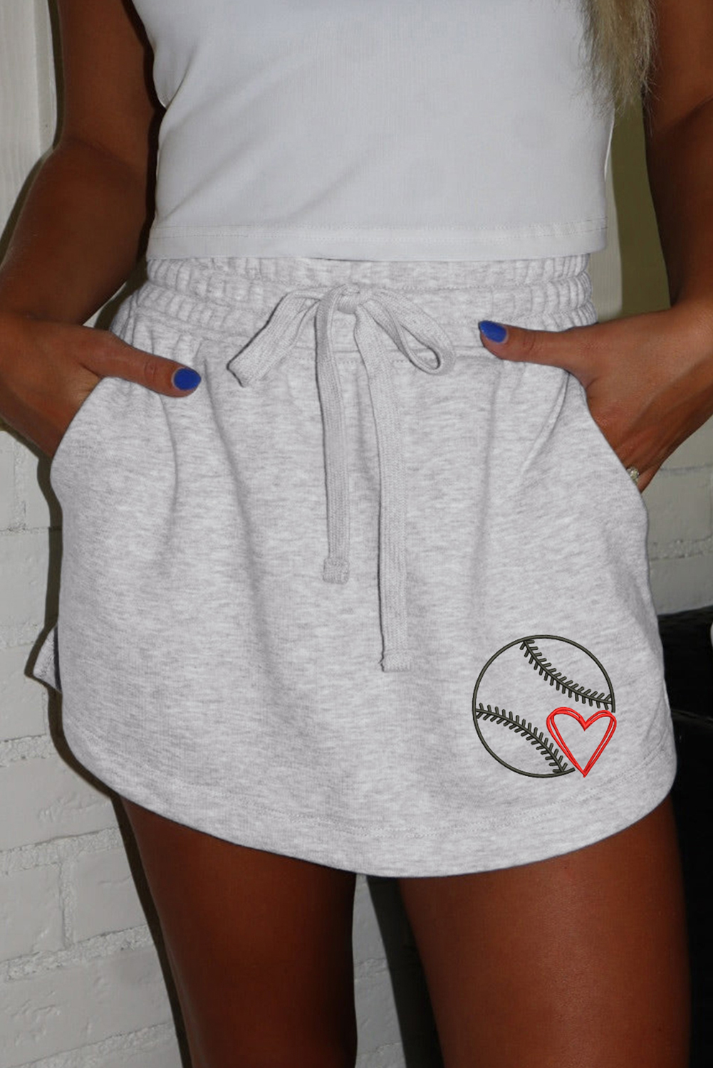 Light Grey Baseball Heart Embroidery French Terry Skort