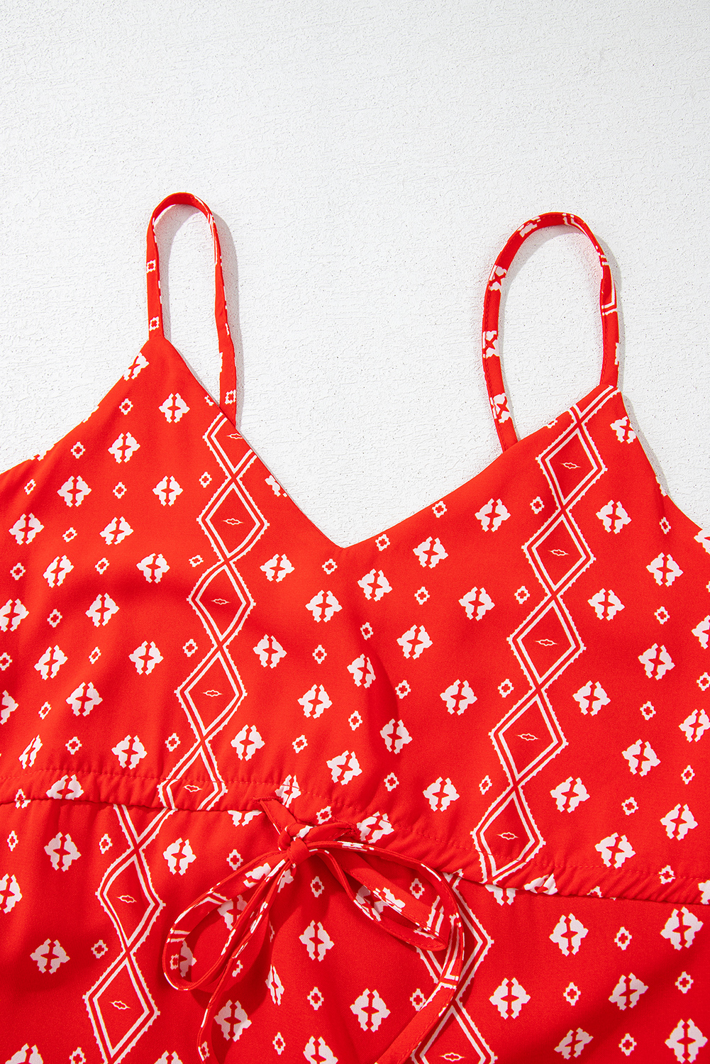 Red Boho Fashion Print Spaghetti Straps Drawstring Maxi Dress