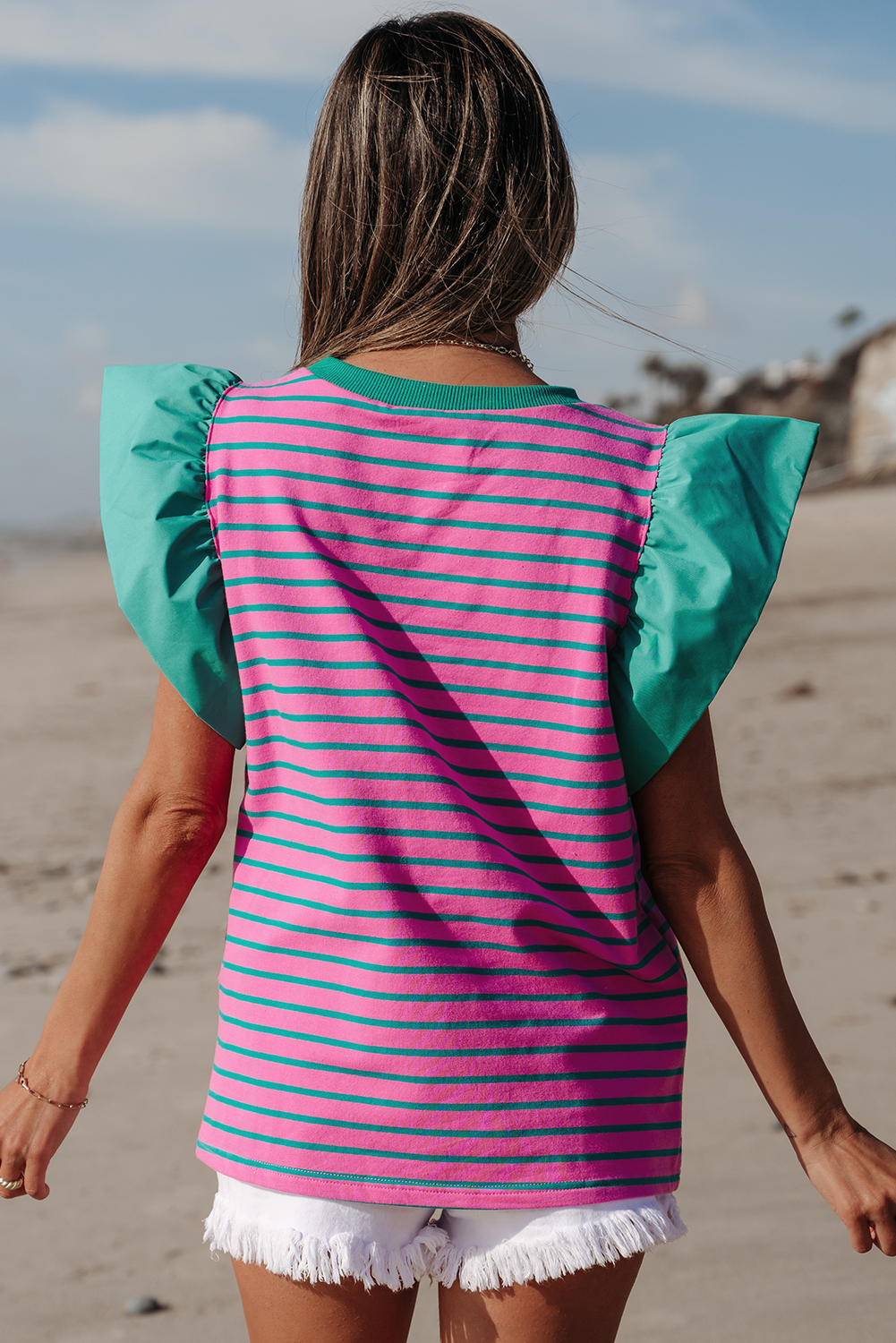 Pink Stripe Collared V Neck Puff Sleeve T Shirt Dress