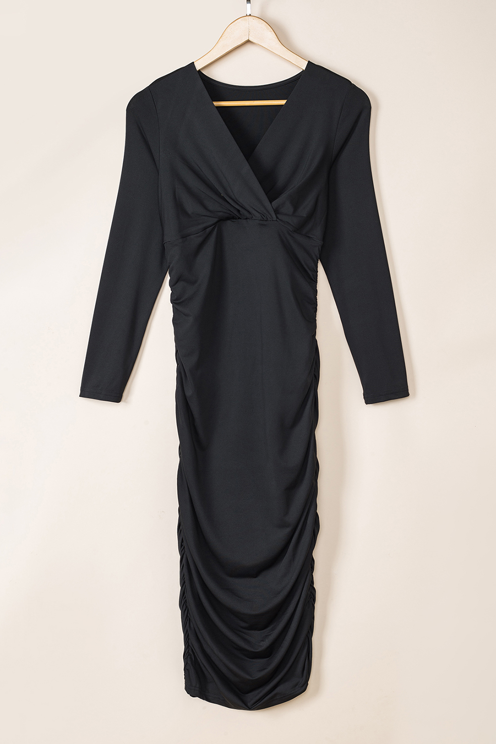 Black Long Sleeves Wrap V Neck Ruched Sheath Midi Dress