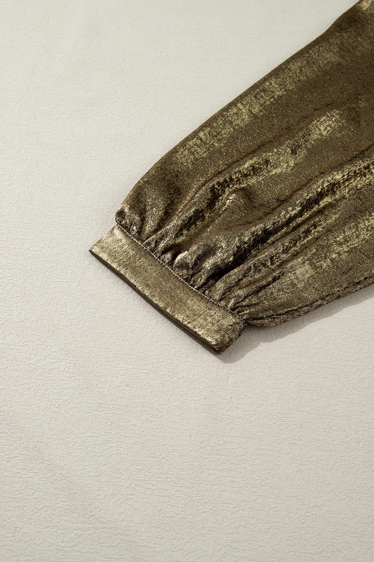 Apricot Metallic Round Neck Smocked Long Sleeve Blouse