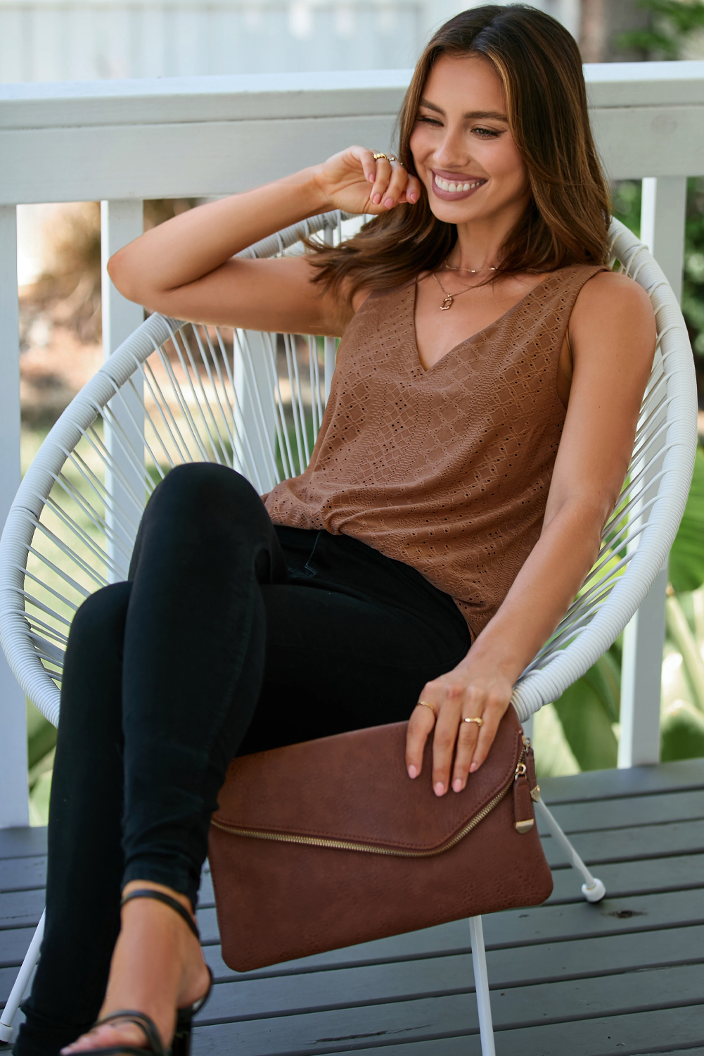 Coffee Eyelet Knit Patterned Loose V Neck Tank Top